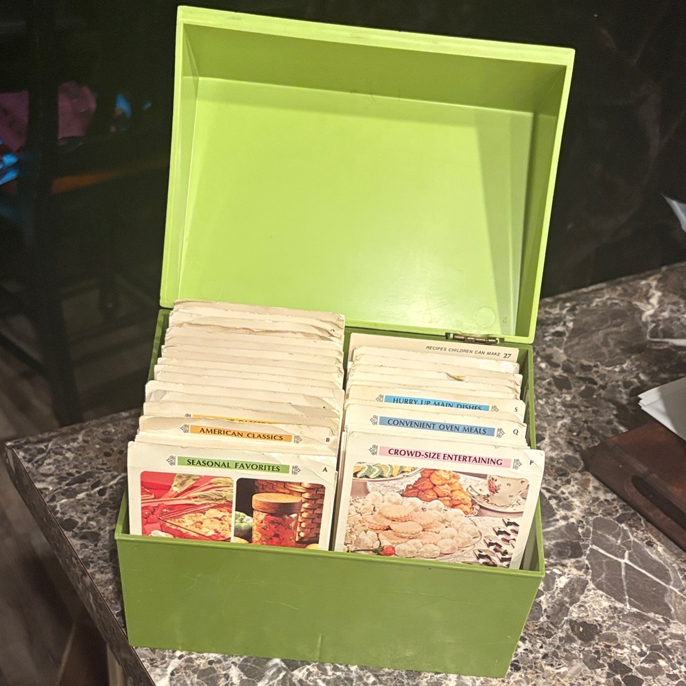 Vintage 1970s Betty Crocker Avocado Green Recipe Card Box with Recipes